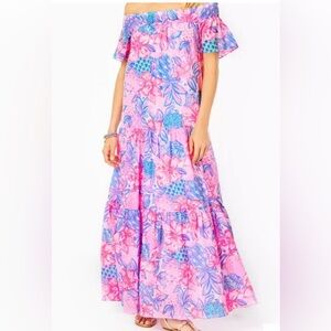 EUC Lilly Pulitzer Snappy Turtle off the shoulder Dezi maxi dress